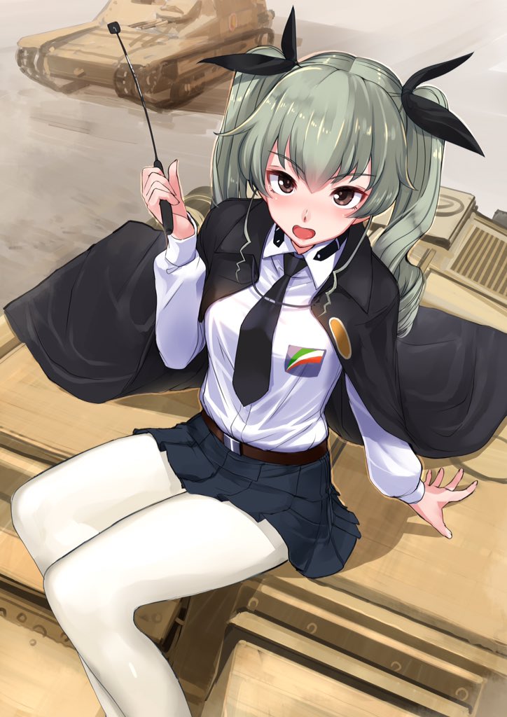1girl akasaai anchovy arm_support belt brown_eyes drill_hair girls_und_panzer green_hair hair_ribbon jacket jacket_on_shoulders long_hair looking_at_viewer military military_uniform military_vehicle miniskirt necktie open_mouth pantyhose pleated_skirt pointer ribbon sitting skirt solo tank twin_drills twintails uniform vehicle