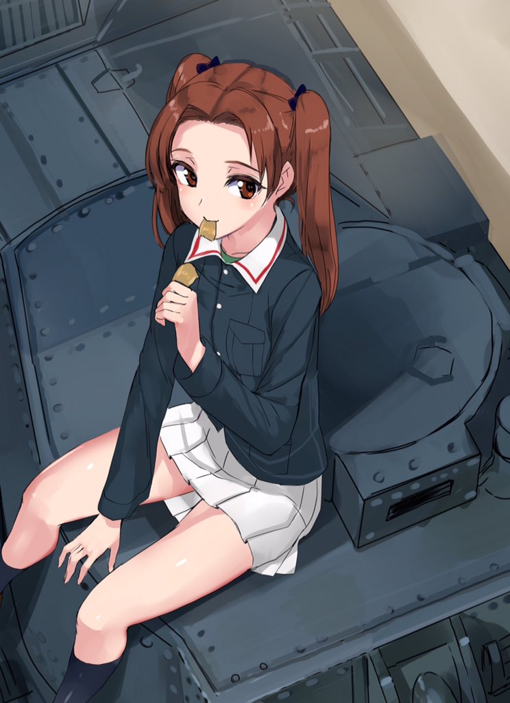 1girl akasaai between_legs brown_eyes brown_hair eating food food_in_mouth girls_und_panzer hair_ribbon hand_between_legs jacket kadotani_anzu long_hair looking_to_the_side military military_uniform military_vehicle mouth_hold pleated_skirt ribbon school_uniform sitting skirt solo tank twintails uniform vehicle white_skirt