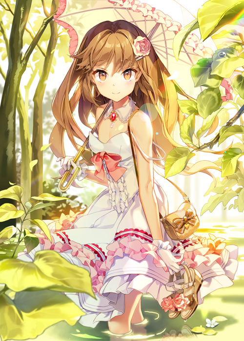 1boy bag bow brown_eyes brown_hair detexted dress flower forest frilled_dress frills gilse hair_flower hair_ornament handbag in_water looking_at_viewer nature neck_garter otoko_no_ko parasol plant qurare_magic_library shallow_water shoes_removed umbrella water