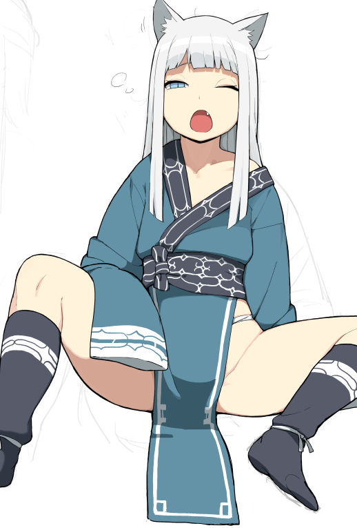 1girl accho_(macchonburike) animal_ears cat_ears open_mouth sleeves_past_wrists spread_legs yawning