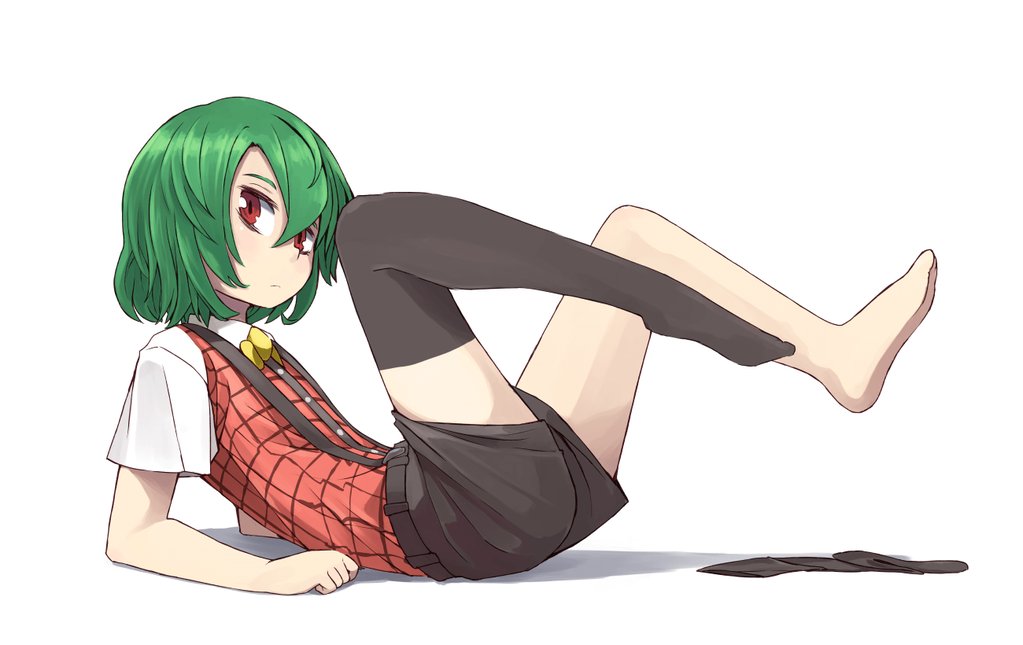 1boy barefoot bow bowtie d@i expressionless full_body genderswap green_hair kazami_yuuka looking_at_viewemale plaid plaid_vest r red_eyes short_hair short_sleeves shorts simple_background single_thighhigh solo thigh-highs touhou vest white_background