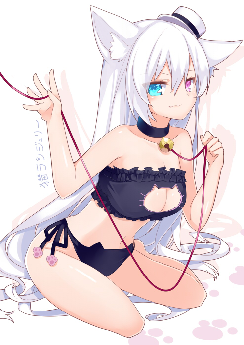 1girl :3 animal_ears bare_legs bare_shoulders barefoot bell bell_choker black_panties blue_eyes breasts cat_ears cat_keyhole_bra choker closed_mouth fang fang_out full_body hair_between_eyes hat hat_ribbon heterochromia holding jingle_bell leash long_hair looking_at_viewer mini_hat mini_top_hat navel nyori original panties paw_print ribbon side-tie_panties sitting solo stomach string top_hat underwear very_long_hair violet_eyes white_hair white_hat