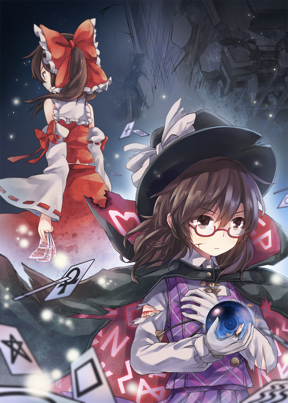 2girls back-to-back bow brown_eyes brown_hair cape cuts detached_sleeves fuente glasses gloves hair_bow hair_ribbon hair_tubes hakurei_reimu hat hat_ribbon highres injury japanese_clothes long_sleeves miko multiple_girls ofuda orb plaid plaid_skirt plaid_vest ponytail red-framed_glasses red_eyes ribbon shirt short_hair skirt skirt_set torn_clothes torn_gloves torn_sleeves touhou usami_sumireko vest white_gloves wide_sleeves zener_card