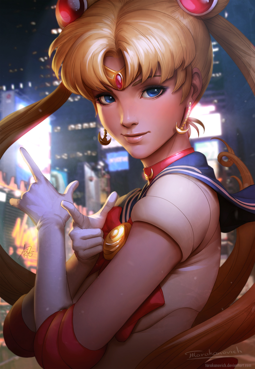 1girl artist_name bishoujo_senshi_sailor_moon blonde_hair blue_eyes bow bowtie brooch building city_lights cityscape crescent crescent_earrings earrings elbow_gloves gem glint gloves hair_bobbles hair_ornament hair_rings hand_gesture headpiece highres jewelry lips long_hair looking_at_viewer red_bow red_bowtie ruby_(stone) sailor_moon short_sleeves signature simple_background skyscraper smile solo stanley_lau tarakanovich tsuki_ni_kawatte_oshioki_yo tsukino_usagi twintails upper_body very_long_hair watermark web_address white_gloves