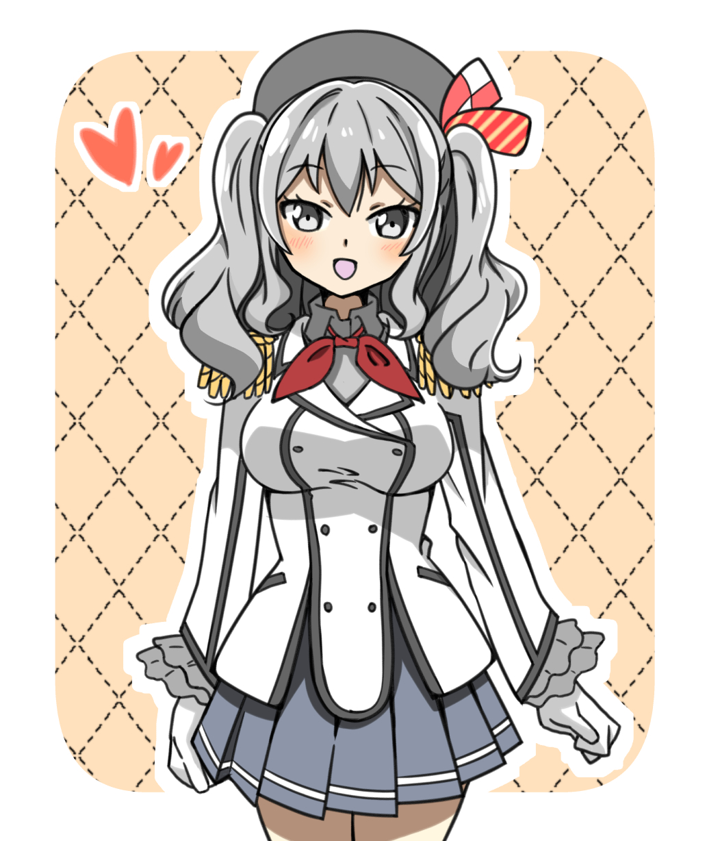 1girl :d beret breasts buttons epaulettes frilled_sleeves frills gloves grey_eyes grey_hair hat heart highres jacket kantai_collection kashima_(kantai_collection) kawabatake kerchief large_breasts looking_at_viewer military military_uniform miniskirt open_mouth pleated_skirt sidelocks skirt smile solo tsurime twintails uniform wavy_hair white_gloves