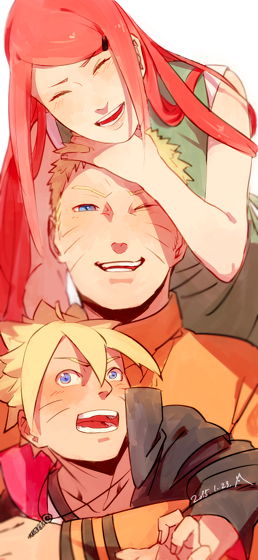 1girl 2boys blonde_hair blue_eyes closed_eyes facial_mark grandmother_and_grandson hug hug_from_behind long_hair mother_and_son multiple_boys naruto one_eye_closed redhead short_hair smile time_paradox uzumaki_boruto uzumaki_kushina uzumaki_naruto zifletts