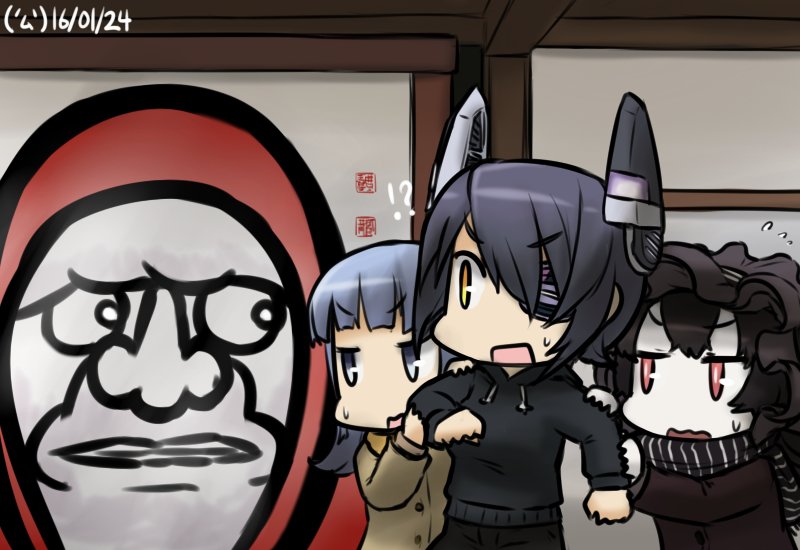 !? 3girls black_hair bonnet character_request coat commentary dated eyepatch flying_sweatdrops hamu_koutarou headgear hood hoodie isolated_island_oni kantai_collection multiple_girls overcoat painting_(object) scarf shinkaisei-kan silver_hair sweat tenryuu_(kantai_collection)