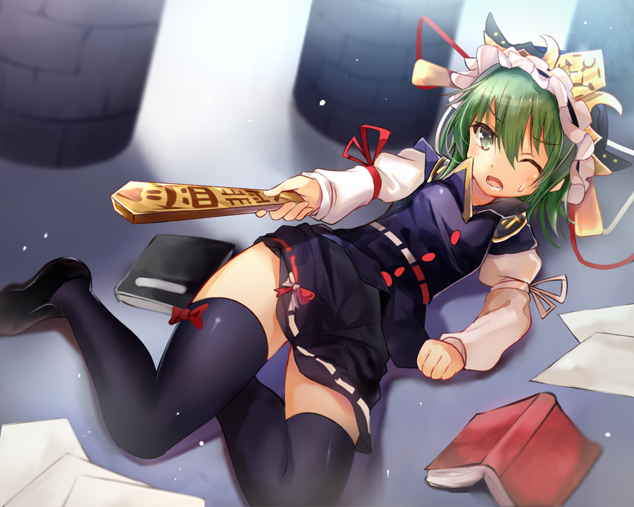 1girl arm_ribbon black_legwear book commentary_request efe green_eyes green_hair hat hat_ribbon juliet_sleeves long_sleeves lying on_side one_eye_closed open_mouth paper pillar puffy_sleeves ribbon rod_of_remorse shiki_eiki shirt skirt solo thigh-highs thighs touhou uniform zettai_ryouiki