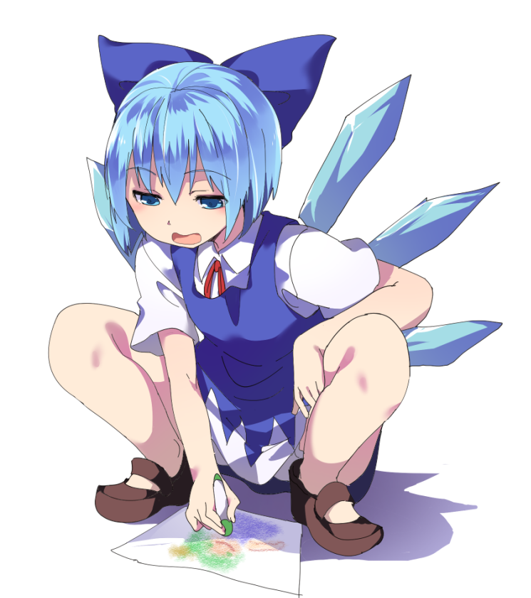 1girl blue_dress blue_hair cirno daiyousei drawing dress full_body hair_ribbon hasebe_yuusaku ice ice_wings looking_down mary_janes open_mouth ribbon shoes short_hair short_sleeves simple_background smile solo squatting touhou white_background wings