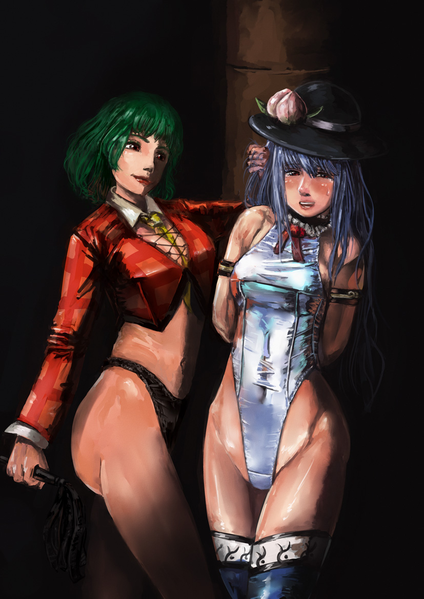 2girls adapted_costume alternate_costume amibazh armband arms_behind_back ass bangs bdsm black_panties blue_hair blue_legwear blush breasts check_commentary choker cleavage commentary_request crop_top dark detached_collar food frilled_choker frills fruit green_hair hand_in_another's_hair hat highleg highleg_panties hinanawi_tenshi hips kazami_yuuka lips lipstick long_sleeves makeup masochism multiple_girls navel nose one-piece_swimsuit open_mouth panties peach pillar plaid plaid_shirt red_eyes red_lipstick shirt short_hair single_tear smile stomach swimsuit taut_clothes taut_swimsuit tearing_up thigh-highs thighs touhou underwear wavy_hair whip white_swimsuit yellow_necktie