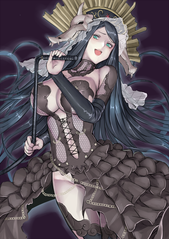 1girl :d animal_skull aqua_eyes bangs black_dress black_hair black_legwear breasts chain character_request cleavage cowboy_shot cross-laced_clothes detached_collar detached_sleeves dress frilled_dress frills ginko_(nico) groin hat hexagon holding_whip large_breasts long_dress long_hair looking_down lord_of_vermilion lord_of_vermilion_iii mask_on_head open_mouth pink_lips red_ribbon ribbon see-through shaded_face sketch smile solo swept_bangs thigh-highs thigh_gap veil very_long_hair whip