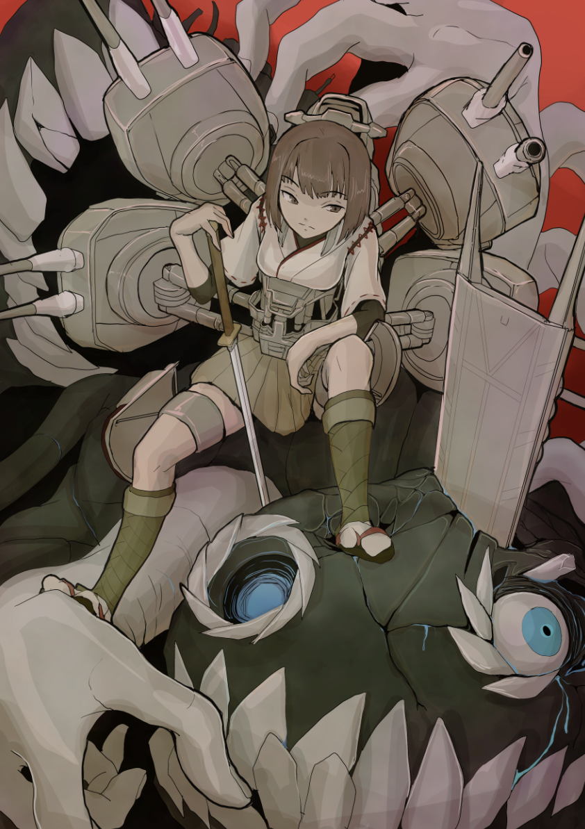 1girl boushi-ya brown_eyes brown_hair hakama hyuuga_(kantai_collection) japanese_clothes kantai_collection katana looking_at_viewer machinery nu-class_light_aircraft_carrier pleated_skirt shinkaisei-kan short_hair sitting skirt stabbed sword to-class_light_cruiser turret weapon