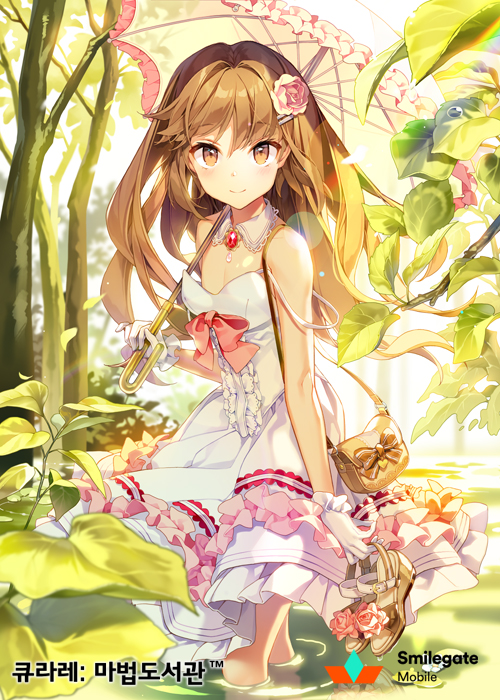 1boy bag bow brown_eyes brown_hair dress flower forest frilled_dress frills gilse hair_flower hair_ornament handbag in_water looking_at_viewer nature neck_garter otoko_no_ko parasol plant qurare_magic_library shallow_water shoes_removed umbrella water
