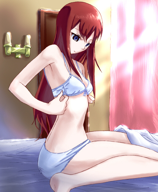 1girl bed blue_eyes bra hetare_(pixiv) long_hair makise_kurisu panties redhead sitting solo steins;gate underwear underwear_only white_bra white_panties