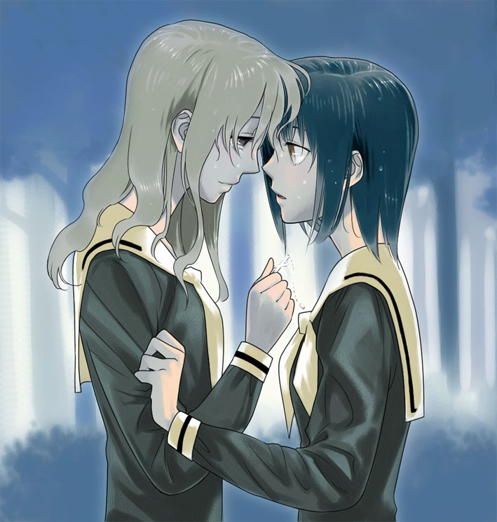 2girls black_hair blonde_hair blue_background clothes_grab cross cross_necklace forehead-to-forehead forest long_hair maria-sama_ga_miteru mori_(unknown.) multiple_girls nature nijou_noriko rosary school_uniform serafuku toudou_shimako wet wet_hair