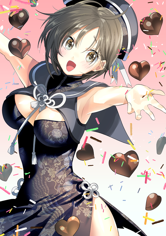 1girl armpits black_hair brown_eyes chocolate dress hat heart looking_at_viewer open_mouth original outstretched_arms short_hair smile solo spread_arms yan'yo_(yan'yan'yo)
