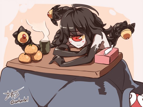 1girl ahoge artist_request bare_shoulders black_hair blush_stickers cup cyclops extra_eyes food fruit gazer_(monster_girl_encyclopedia) kotatsu lonely mandarin_orange monster_girl monster_girl_encyclopedia one-eyed red_eyes signature solo steam table teacup tentacles tissue_box yellow_sclera yunomi