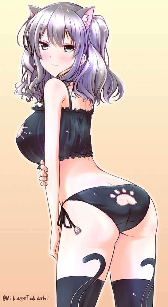1girl alternate_costume alternate_hair_color ass back bangs breasts cat_keyhole_bra closed_mouth cowboy_shot gradient gradient_background grey_eyes kantai_collection kashima_(kantai_collection) large_breasts long_hair looking_at_viewer mikage_takashi multicolored_hair paw_print paws purple_hair silver_hair smile solo twintails twitter_username
