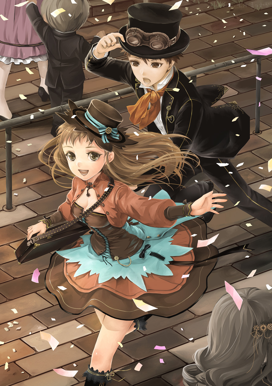 1girl 2boys black_legwear black_pants black_shoes bow brick brown_dress brown_eyes brown_hair child confetti dress formal goggles_on_hat grey_hair hair_ornament hand_on_headwear hat hat_bow high_heels highres matsumura_(30003) multiple_boys open_mouth original outdoors outstretched_hand pants purple_dress rail railing running shoes suitcase top_hat