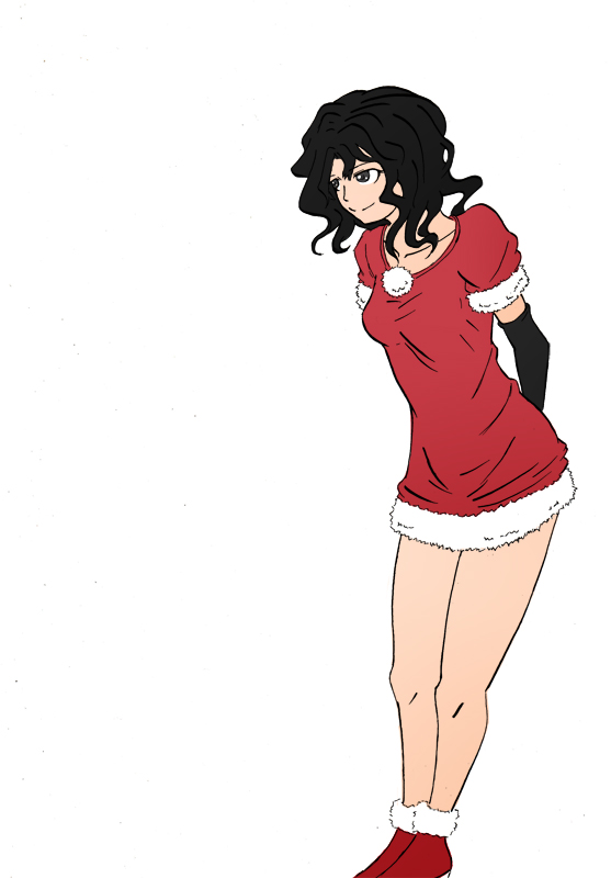 1girl against_wall alternate_costume amagami arms_behind_back black_eyes black_gloves black_hair boots elbow_gloves fur_trim gloves invisible_wall legs long_hair messy_hair no_hat red_boots red_shirt santa_costume shirt simple_background smile solo takatou tanamachi_kaoru white_background
