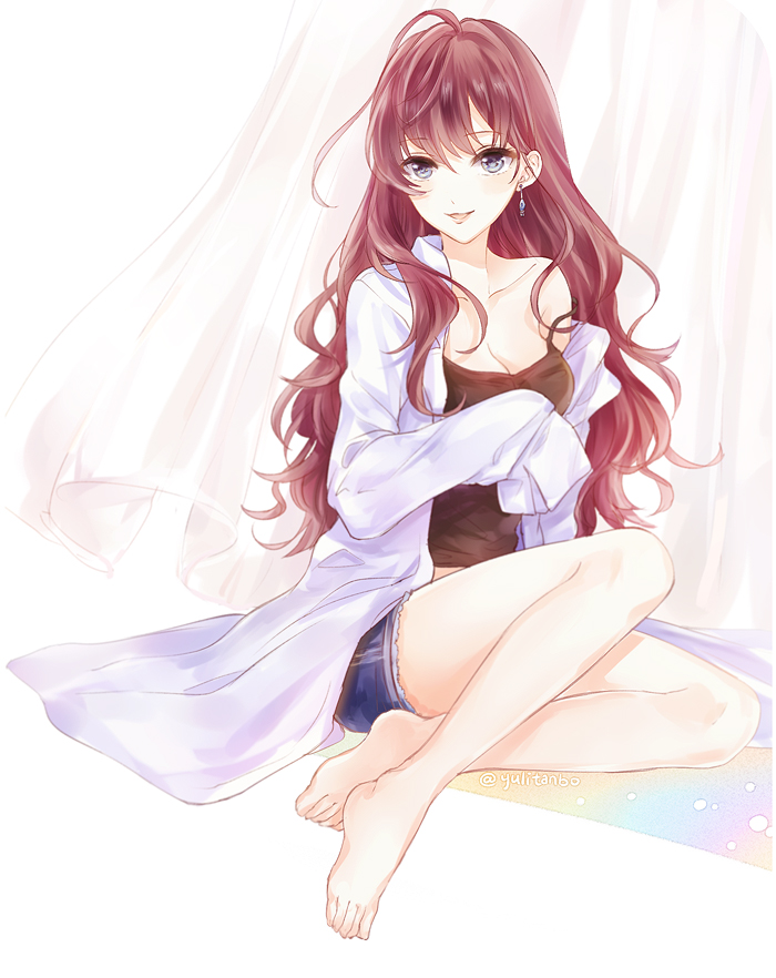 1girl :d ahoge bangs bare_shoulders barefoot blue_eyes breasts brown_hair camisole cleavage collarbone curtains earrings full_body ichinose_shiki idolmaster idolmaster_cinderella_girls jewelry labcoat long_hair long_sleeves looking_at_viewer off_shoulder open_mouth shorts sitting sleeves_past_wrists smile solo strap_slip twitter_username yuli_(yulipo)