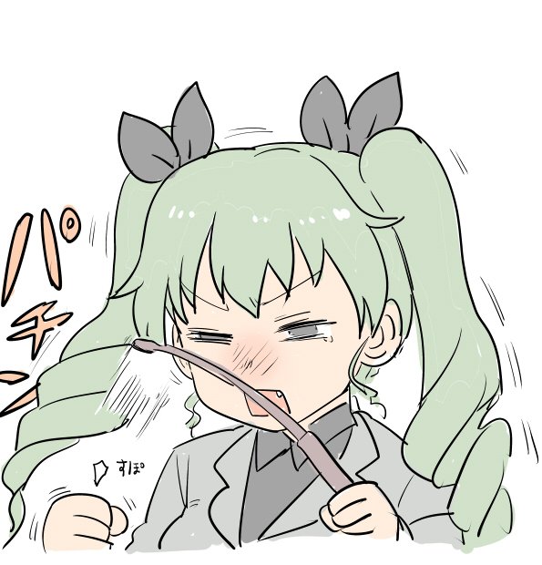 anchovy bangs black_shirt commentary_request drill_hair fang girls_und_panzer green_hair grey_eyes hair_ribbon hitting jacket mo_(kireinamo) one_eye_closed open_mouth ribbon riding_crop shirt tearing_up translation_request twin_drills twintails