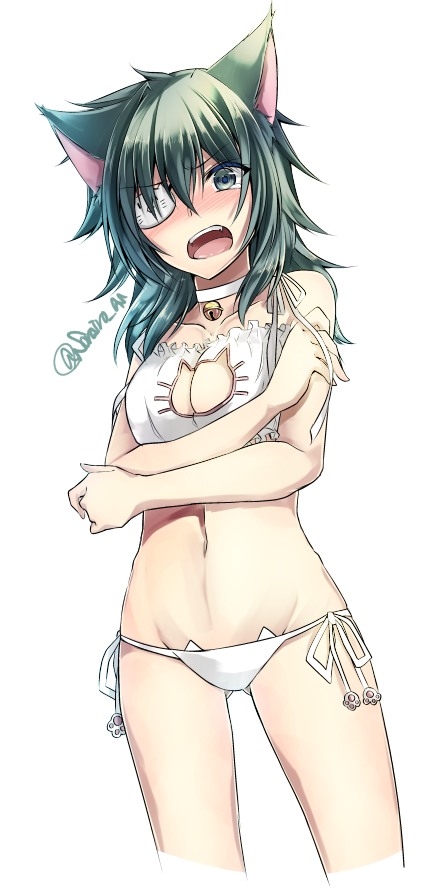 1girl alternate_costume animal_ears ass_visible_through_thighs bangs bare_shoulders bell bell_choker blush breast_hold cat_cutout cat_ears cat_keyhole_bra cat_lingerie cat_print choker collarbone cowboy_shot embarrassed eyepatch green_eyes green_hair jingle_bell kantai_collection kiso_(kantai_collection) legs_apart long_hair looking_at_viewer navel open_mouth panties ribbon side-tie_panties solo standing stomach strap_slip twitter_username underwear underwear_only white_panties white_ribbon yuihira_asu