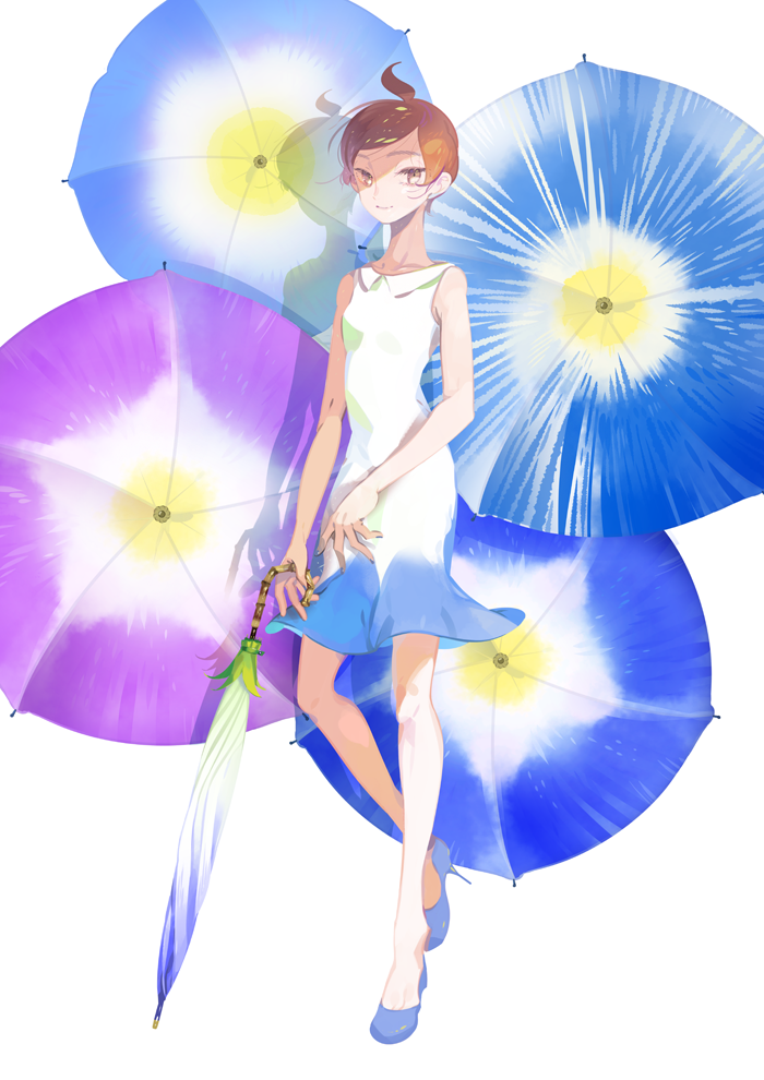 1girl bangs blue_shoes brown_eyes brown_hair closed_mouth closed_umbrella commentary_request dress floral_background flower full_body gradient high_heels holding holding_umbrella looking_at_viewer maruco morning_glory original plant ponytail shadow shoes sleeveless sleeveless_dress smile solo swept_bangs umbrella vines white_background