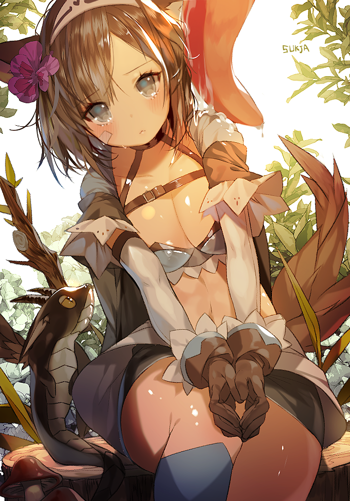1girl :&lt; animal_ears artist_name bandaid bandaid_on_face bangs belt black_hair blue_eyes blue_legwear blush breasts brown_gloves cat_ears choker cleavage closed_mouth collarbone creature dripping dutch_angle flower frown gloves hair_flower hair_ornament hairband heart kneehighs lace large_breasts leaf licking looking_at_viewer mushroom original out_of_frame outdoors overskirt plant purple_flower saliva short_hair short_sleeves sitting solo sorolp stomach swept_bangs tears tree tree_stump v_arms