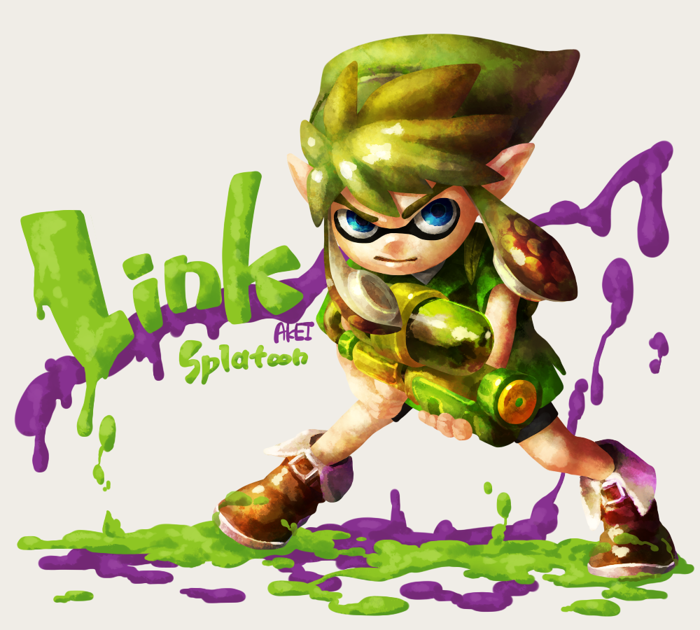 1boy artist_name blue_eyes boots brown_boots character_name company_connection copyright_name domino_mask full_body green_hair inkling iroha_(akei0710) link male_focus mask nintendo paint pointy_ears solo splatoon super_soaker tentacle_hair the_legend_of_zelda