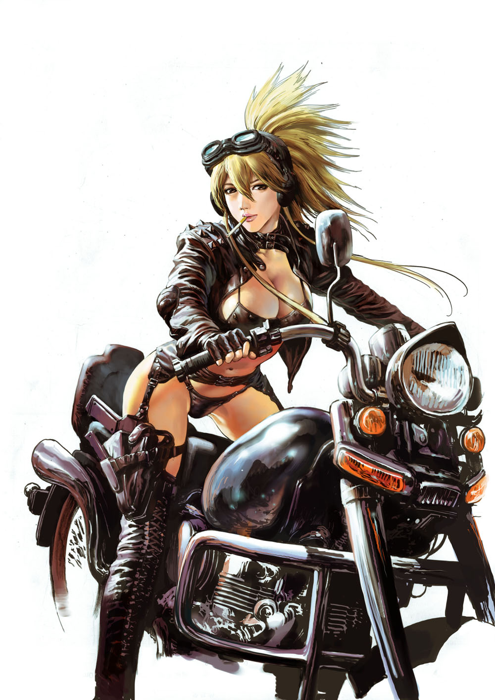 1girl azazel1944 backlighting biker black_boots black_bra black_gloves black_jacket blonde_hair boots bra breasts cigarette collar fat_mons fingerless_gloves garter_belt gloves goggles goggles_on_head gun hair_between_eyes helmet highres hips holster jacket knife large_breasts leather_jacket lips looking_at_viewer motor_vehicle motorcycle mouth_hold navel no_pants no_shirt nose original pink_lips shiny shiny_clothes shiny_skin short_hair_with_long_locks side_glance sidelocks solo spiky_hair stomach thigh-highs thigh_boots thighs underwear vehicle weapon yellow_eyes