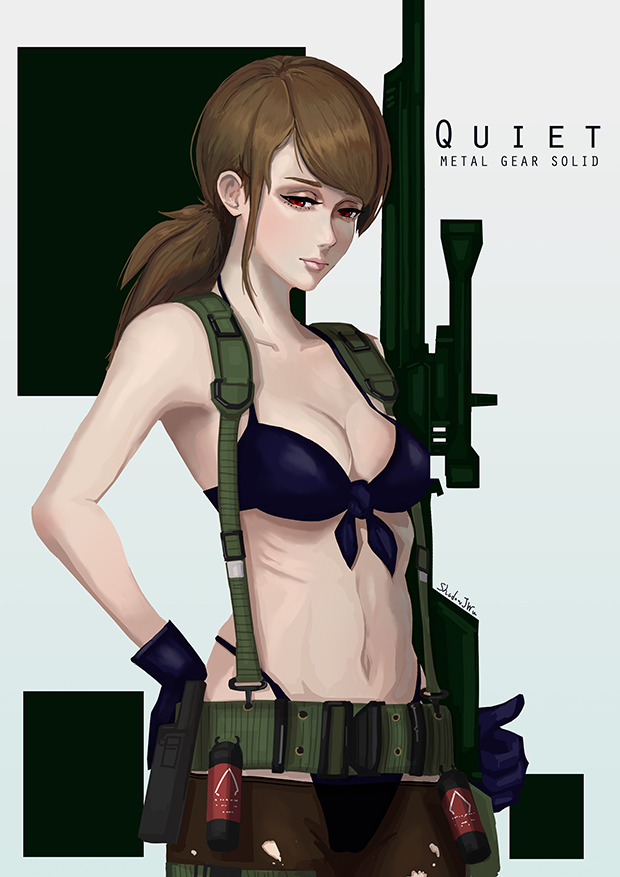 1girl artist_name bikini_top blue_gloves breasts brown_hair character_name cleavage copyright_name front-tie_bikini front-tie_top gloves gun highleg highleg_panties holding_gun holding_weapon metal_gear_(series) metal_gear_solid_v navel panties pantyhose ponytail quiet_(metal_gear) red_eyes ribs rifle shadowjwu signature sniper_rifle solo torn_clothes torn_pantyhose underwear weapon