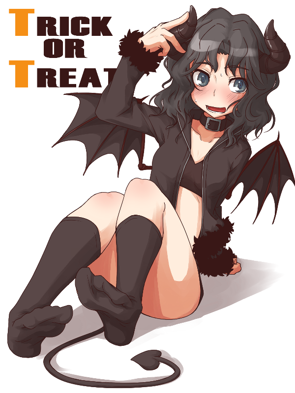 1girl alternate_costume amagami arm_support belt_collar black_hair black_legwear blush choker collar collarbone crop_top curled_horns demon_horns demon_wings dog_collar english feet fur_trim grey_eyes guriko_(mossari) horns jacket knees_up leaning_to_the_side legs long_hair looking_away messy_hair open_clothes open_jacket open_mouth simple_background socks solo sweatdrop tanamachi_kaoru thighs trick_or_treat white_background wings