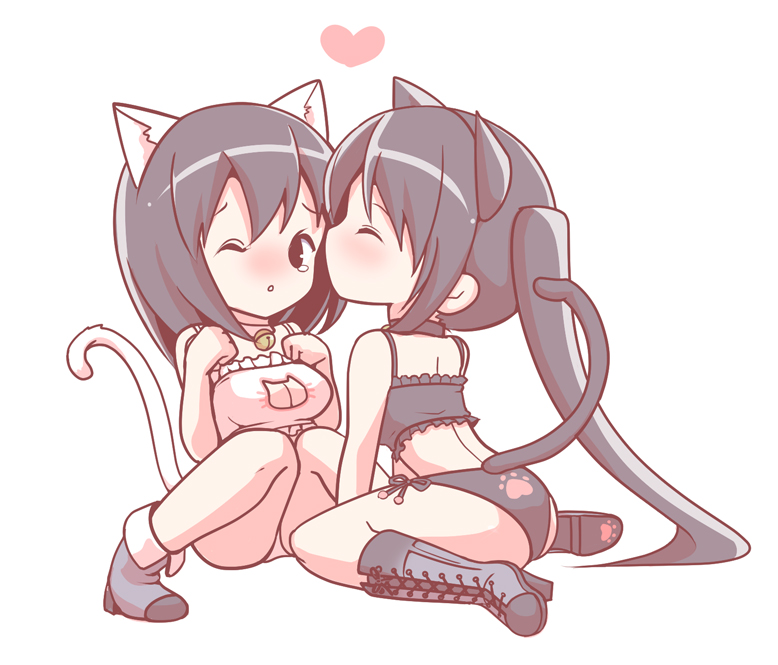 2girls alternate_costume animal_ears ankle_boots bell bell_choker black_boots black_eyes black_hair black_panties boots breast_suppress cat_cutout cat_ears cat_keyhole_bra cat_lingerie cat_tail chibi choker fake_animal_ears full_body haguro_(kantai_collection) hairband heart high_heel_boots high_heels jingle_bell kantai_collection kiss knee_boots long_hair looking_at_viewer miooonu multiple_girls nachi_(kantai_collection) navel one_eye_closed panties paw_print short_hair side-tie_panties side_ponytail simple_background sitting stomach tail tears underwear wariza white_background white_panties yuri