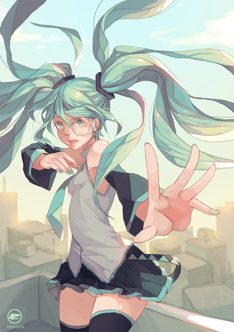 1girl blue_hair boots bridal_gauntlets full_body green_eyes grey_background hatsune_miku long_hair looking_at_viewer nanoless necktie skirt smile solo thigh-highs thigh_boots twintails very_long_hair vocaloid