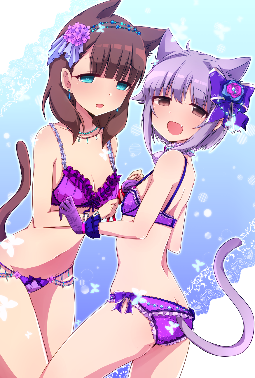 2girls :d animal_ears ass blue_eyes blush bow bra breasts brown_hair cat_ears cat_tail cleavage earrings fang gloves hair_bow hana_(tmtmrgrgtrg) heart heart-shaped_pupils highres idolmaster idolmaster_cinderella_girls jewelry kemonomimi_mode koshimizu_sachiko looking_at_viewer multiple_girls necklace open_mouth panties purple_bra purple_gloves purple_hair purple_panties sakuma_mayu short_hair small_breasts smile symbol-shaped_pupils tail underwear underwear_only