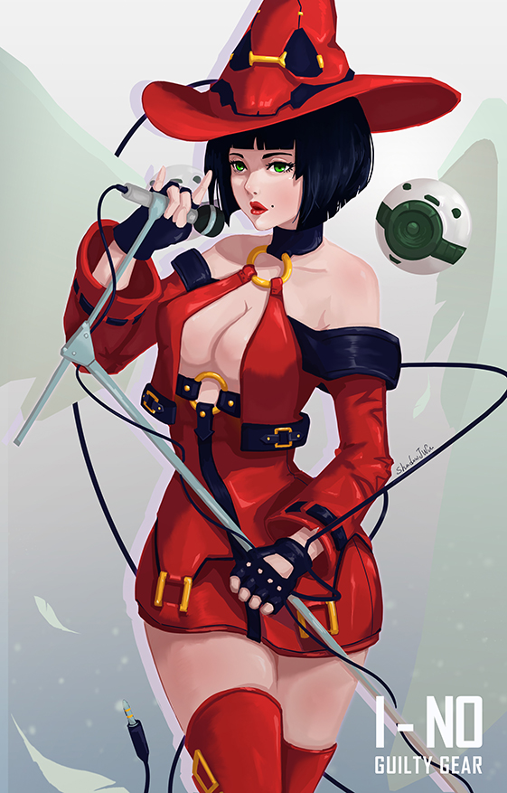 bangs bare_shoulders black_hair blunt_bangs bob_cut breasts cable character_name cleavage copyright_name dress fingerless_gloves gloves green_eyes guilty_gear guilty_gear_xrd halterneck hat i-no lipstick makeup microphone microphone_stand mole o-ring_top plug red_dress red_lipstick shadowjwu short_dress short_hair thigh-highs witch_hat zettai_ryouiki