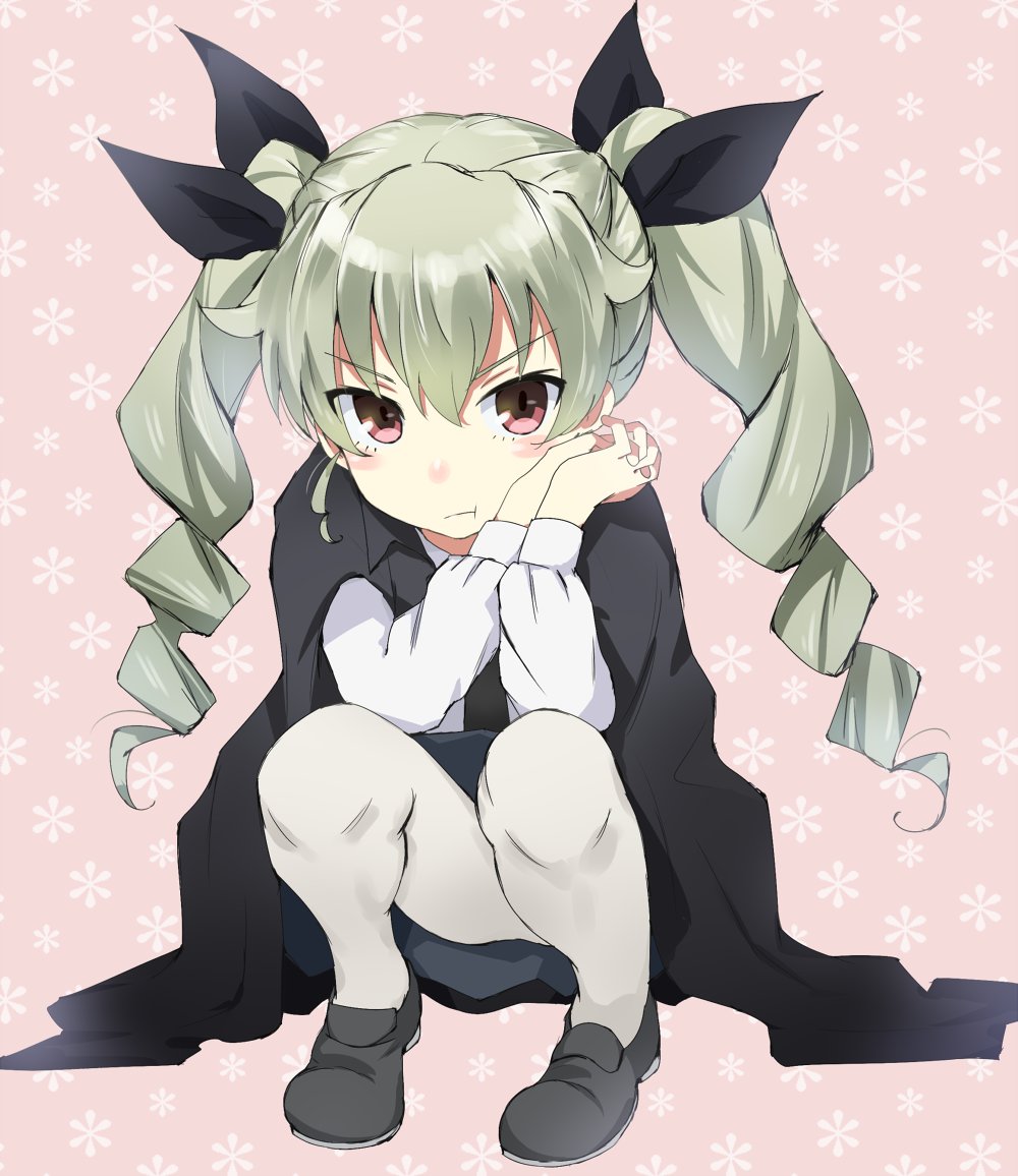 1girl anchovy black_clothes black_ribbon blush brown_eyes closed_mouth drill_hair frown gedou_(ge_ge_gedou) girls_und_panzer green_hair hair_ribbon hands_on_own_cheeks hands_on_own_face long_hair long_sleeves looking_at_viewer necktie ribbon sitting skirt solo twin_drills twintails white_legwear