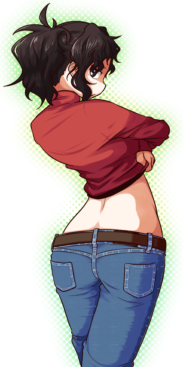 1girl alternate_costume alternate_hairstyle amagami arched_back ass back belt black_hair crossed_legs denim from_behind grey_eyes guriko_(mossari) halftone halftone_background highres hips jeans long_hair looking_back messy_hair pants ponytail red_shirt shirt shirt_lift sidelocks solo tanamachi_kaoru thighs turtleneck undressing white_background