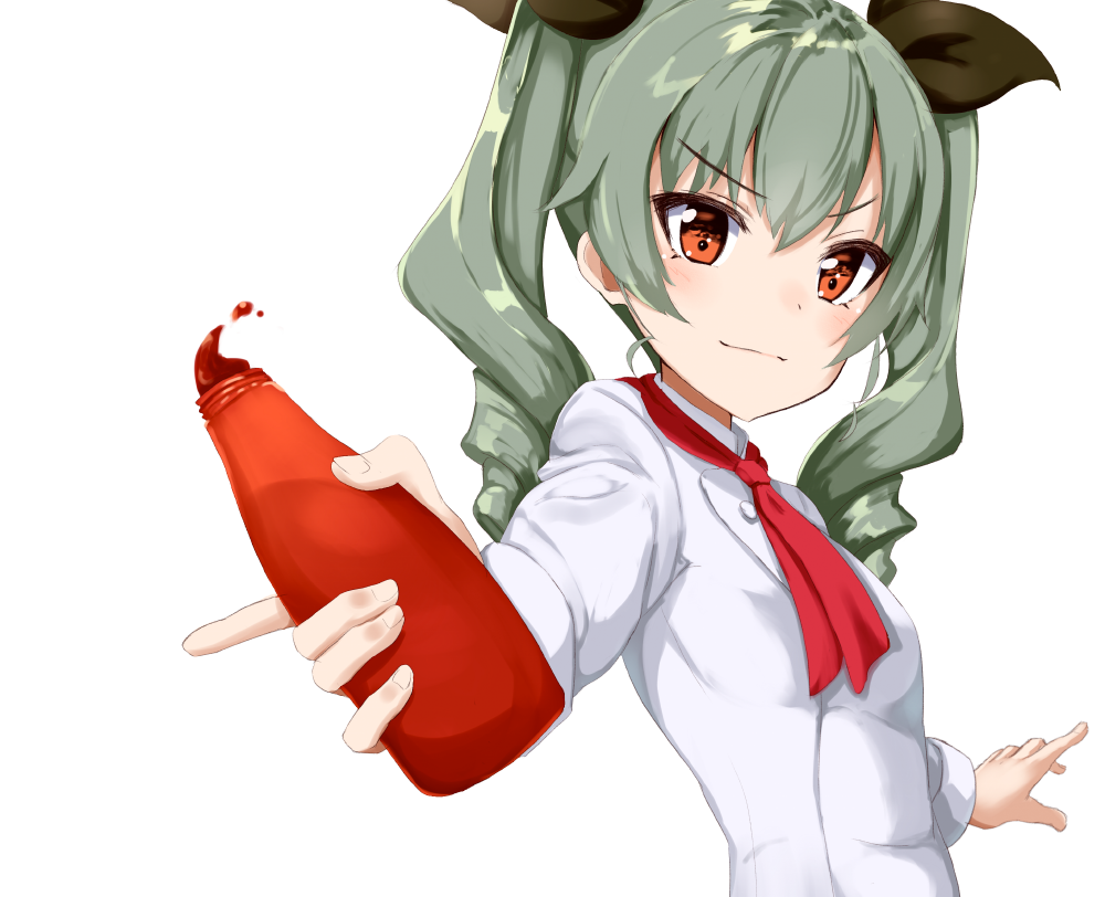 1girl ame. anchovy ascot chef drill_hair girls_und_panzer green_hair ketchup long_hair red_eyes squeeze_bottle twin_drills twintails