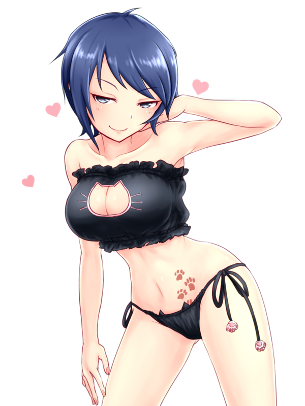 1girl alternate_costume ass_visible_through_thighs bare_legs bare_shoulders bell bell_choker blue_eyes blue_hair breasts cat_keyhole_bra choker collarbone cowboy_shot frills hand_in_hair hand_on_own_head idolmaster idolmaster_cinderella_girls jingle_bell large_breasts looking_at_viewer nail_polish navel panties paw_print pink_lips pink_nails side-tie_panties simple_background smile solo stomach teirettei underwear underwear_only wakui_rumi white_background