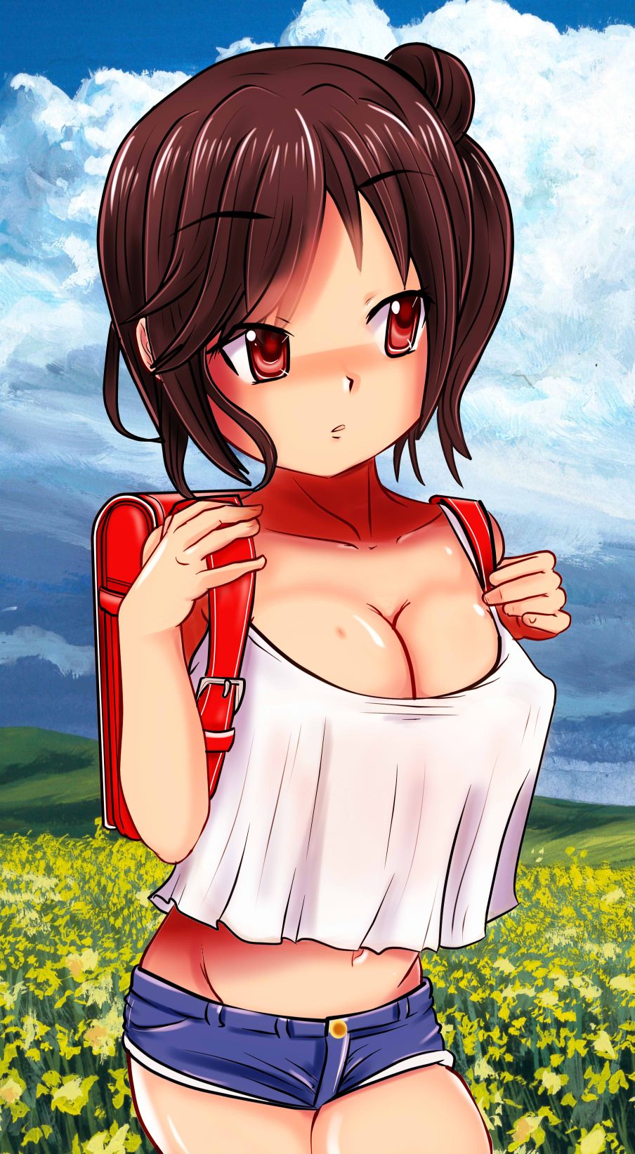 1girl backpack bag breasts brown_hair chikusan_nurseman cleavage collarbone cutoffs eyebrows_visible_through_hair highres ichijou_hotaru long_hair medium_breasts midriff navel non_non_biyori randoseru red_backpack red_eyes shorts solo thick_thighs