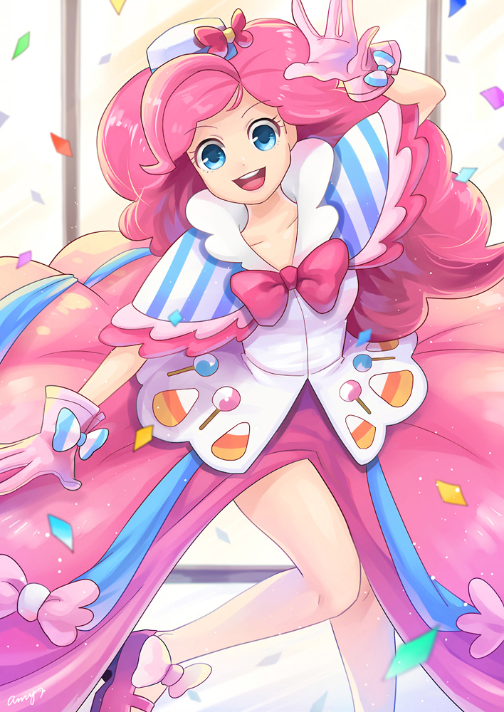 amy30535 blue_eyes bow bowtie candy candy_corn confetti food_themed_clothes gala_dress gloves lollipop my_little_pony my_little_pony_friendship_is_magic personification pink_hair pinkie_pie smile