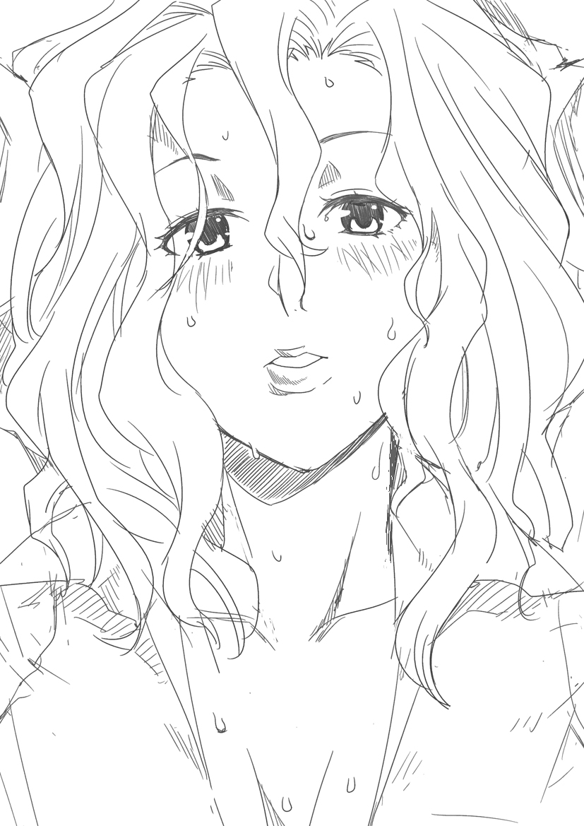 1girl amagami blush breasts cleavage close-up collarbone dress_shirt eyelashes facing_viewer hair_between_eyes line_shading lips long_hair looking_at_viewer messy_hair mojimojiable monochrome open_clothes open_shirt shirt simple_background sketch solo sweat tanamachi_kaoru upper_body white_background