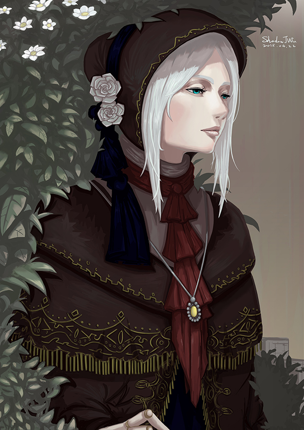 1girl artist_name bangs bloodborne bonnet bush cloak dated doll_joints expressionless flower green_eyes jewelry pendant plain_doll shadowjwu signature silver_hair solo swept_bangs upper_body