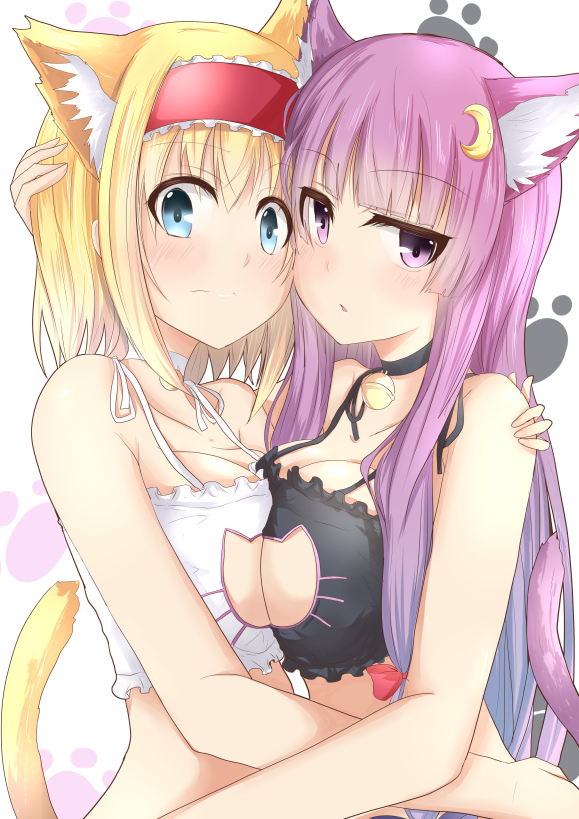 2girls alice_margatroid animal_ears aqua_eyes asymmetrical_docking bare_arms bell bell_choker blonde_hair breast_press cat_cutout cat_ears cat_lingerie cat_tail choker cleavage_cutout collarbone commentary_request crescent_hair_ornament hair_ornament hairband hug lolita_hairband long_hair looking_at_viewer multiple_girls patchouli_knowledge paw_print purple_hair ram_hachimin tail touhou upper_body very_long_hair violet_eyes
