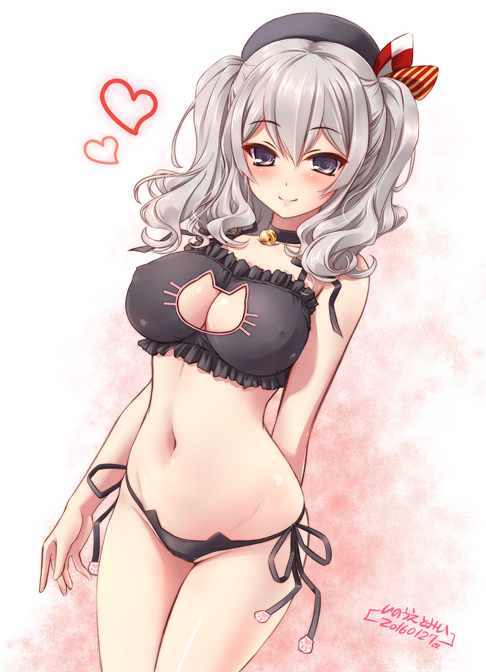 1girl 2016 alternate_costume bell bell_choker beret black_panties blush cat_cutout cat_keyhole_bra cat_lingerie choker cowboy_shot dated frills grey_eyes grey_hair groin hat heart inoue_tomii jingle_bell kantai_collection kashima_(kantai_collection) legs_together long_hair looking_at_viewer navel panties side-tie_panties solo stomach twintails underwear underwear_only