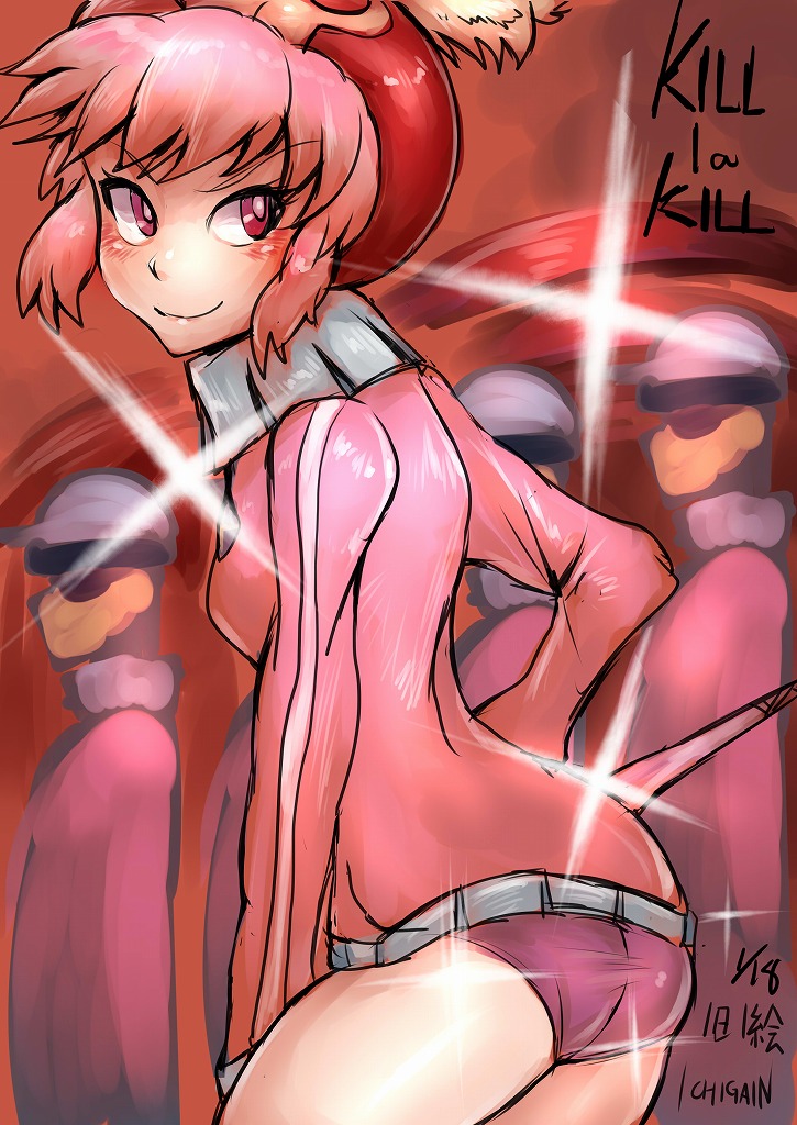 1girl 4boys arched_back artist_name ass buruma copyright_name dated from_side hat holding_microphone ichigai_(hayawossan) jacket jakuzure_nonon kill_la_kill looking_to_the_side multiple_boys pink_hair red_background red_eyes sidelocks smile solo_focus sparkle thighs track_jacket