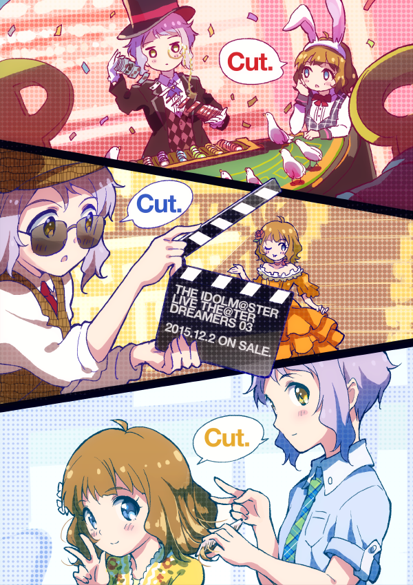 2girls bird blue_eyes blush brown_hair card casino casino_tokens clapperboard comb director dress formal gloves hairdressing hat idolmaster idolmaster_million_live! looking_at_viewer makabe_mizuki monocle multiple_girls one_eye_closed p-head_producer playing_card purple_hair riyo_(riyontoko) short_hair smile suit sunglasses suou_momoko top_hat v yellow_eyes