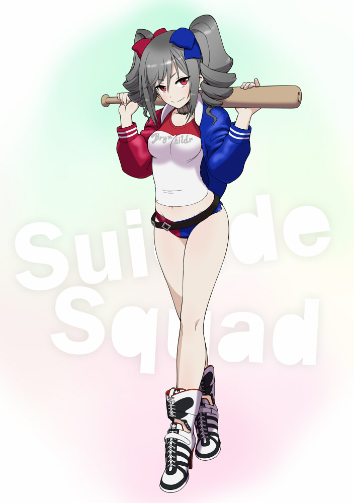 1girl baseball_bat buruma drill_hair full_body harley_quinn harley_quinn_(cosplay) idolmaster idolmaster_cinderella_girls kanzaki_ranko long_hair red_eyes silver_hair solo twin_drills twintails wata_do_chinkuru